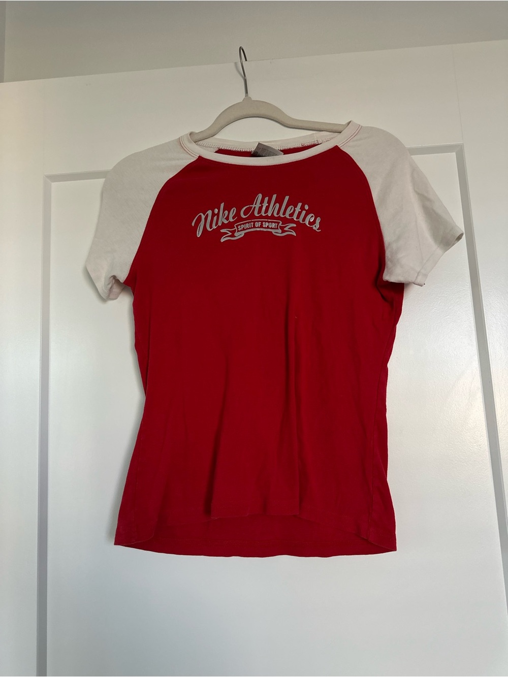 Vintage Nike Red and White Raglan Tee with 'Nike Athletics' Logo